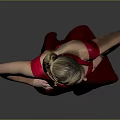Woman in Red Long Dress Standing with Hands on Hips Against Gray Background