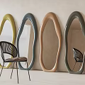Modern Decorative Mirrors In Irregular Curved Shape With Yellow Blue Brown Green And Black Chair