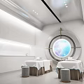 Modern White Hospital Ward With Two Beds Small Stools Circular Window And Blue Earth View