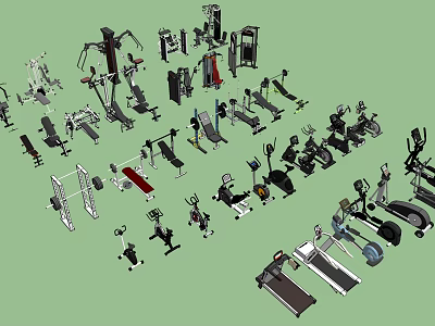 Various Types of Sports Equipment Including Treadmills Dumbbells and Gym Workout Machines 3d model