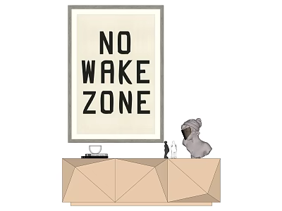 NO Wake Zone Sign Display On Geometric Wooden Counter With Dog Statue 3d model