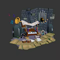 Vibrant Cartoon Scene With Stone Wall Lantern Piano Horn Colorful Letters And Gold Coins