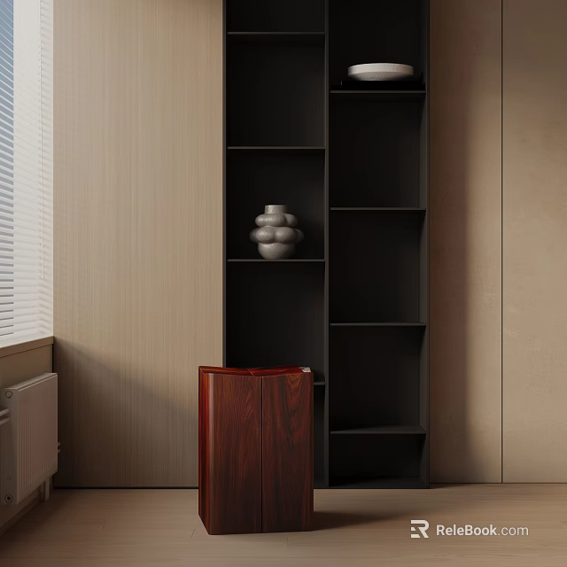 Modern Red Wooden Side Table With Black Bookshelf Vase Light Wall And Window 3d model 