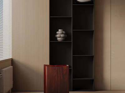 Modern Red Wooden Side Table With Black Bookshelf Vase Light Wall And Window 3d model