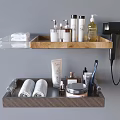Bathroom Essential Items On Organized Shelves With Towels Toiletries Skincare Products And Hair Dryer