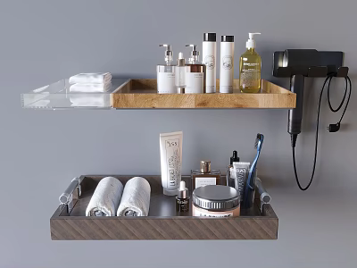 Bathroom Essential Items On Organized Shelves With Towels Toiletries Skincare Products And Hair Dryer 3d model