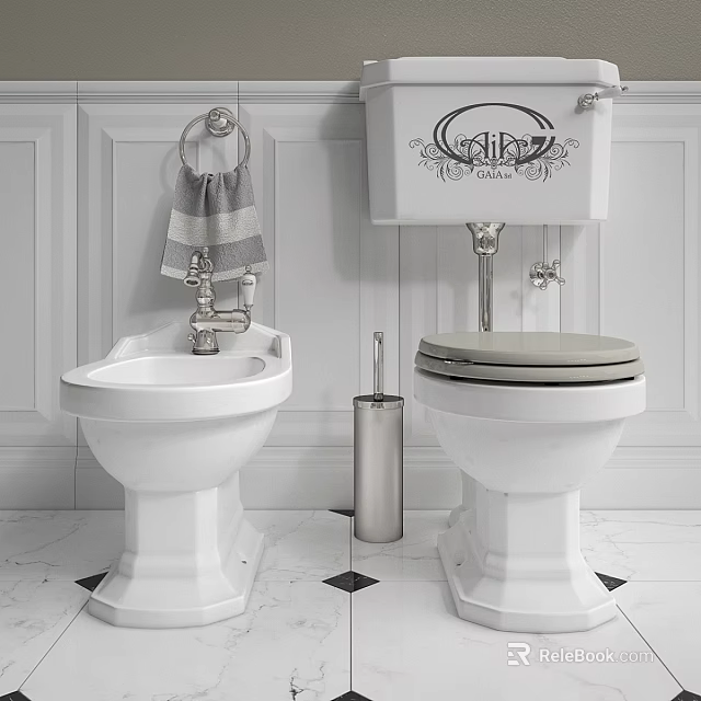 Classic Bathroom Toilet And Bidet With Towel Rack Toilet Brush Holder And White Paneled Wall 3d model 