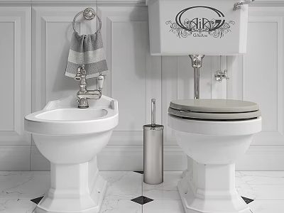 Classic Bathroom Toilet And Bidet With Towel Rack Toilet Brush Holder And White Paneled Wall 3d model