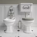 Classic Bathroom Toilet And Bidet With Towel Rack Toilet Brush Holder And White Paneled Wall