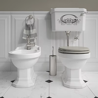 Classic Bathroom Toilet And Bidet With Towel Rack Toilet Brush Holder And White Paneled Wall 3d model