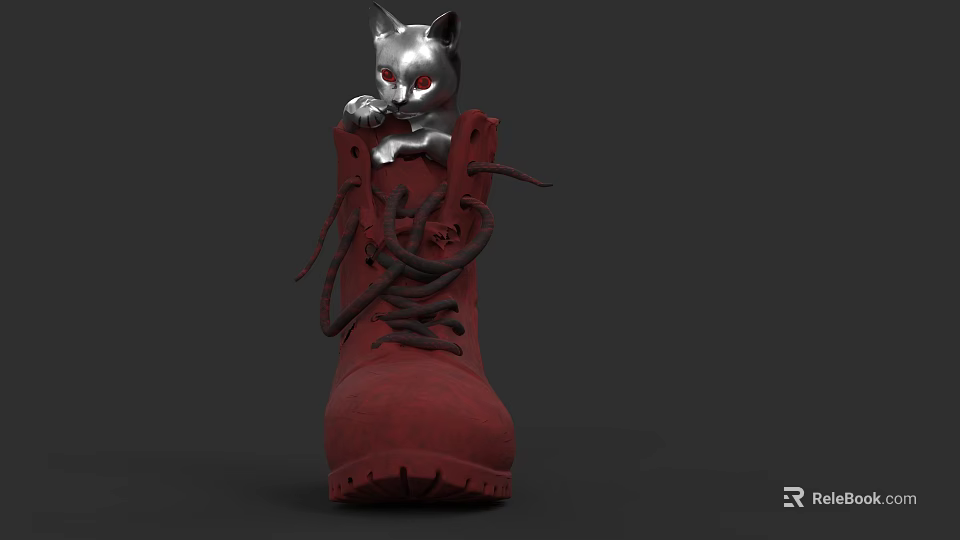 Silver Cat With Red Eyes Sitting In Red Boot On Dark Background 3d model 