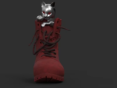 Silver Cat With Red Eyes Sitting In Red Boot On Dark Background 3d model