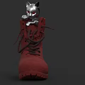 Silver Cat With Red Eyes Sitting In Red Boot On Dark Background