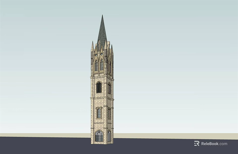 Historic Gothic Tower Featuring Tall Spire And Arched Stone Windows 3d model