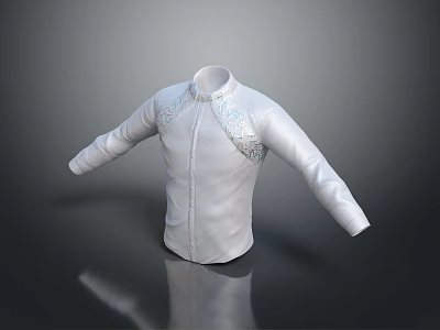White Long Sleeved Stand Up Collar Shirt With Shoulder Embellishments 3d model