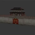 Cartoon Scene of Traditional Chinese Gate Tower With Two Story Red Gate and City Wall