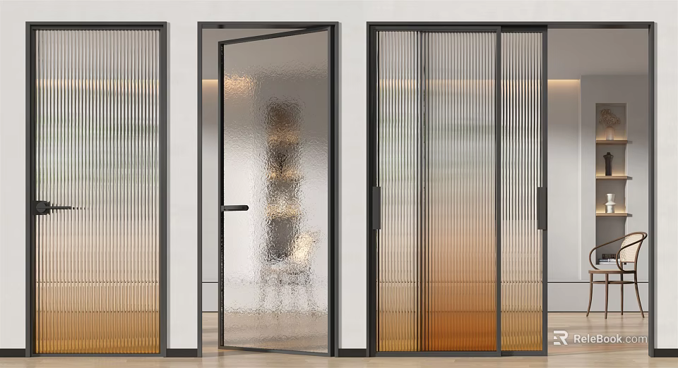 Modern Glass Doors With Vertical Stripes And Black Frames Open Interior View 3d model
