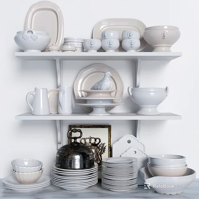 White Ceramic Dinnerware Set With Pigeon Ornament Bowls Plates And Cups On Display Shelf 3d model 