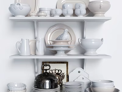 White Ceramic Dinnerware Set With Pigeon Ornament Bowls Plates And Cups On Display Shelf 3d model