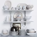 White Ceramic Dinnerware Set With Pigeon Ornament Bowls Plates And Cups On Display Shelf