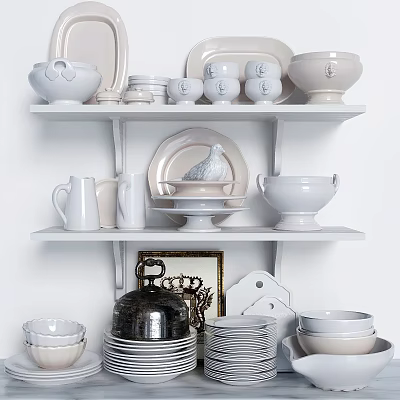 White Ceramic Dinnerware Set With Pigeon Ornament Bowls Plates And Cups On Display Shelf 3d model