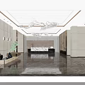 Elegant Hotel Lobby Interior With Mountain Painting Sofas Coffee Tables Rug And Chandelier