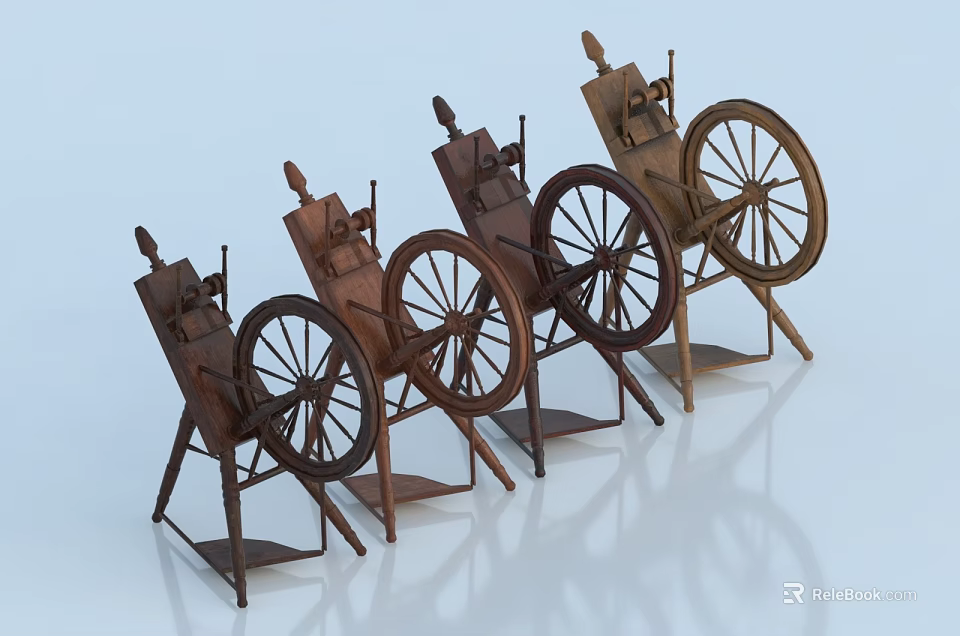Vintage Industrial Equipment With Wooden Structure And Large Wheels Arranged In A Row 3d model 