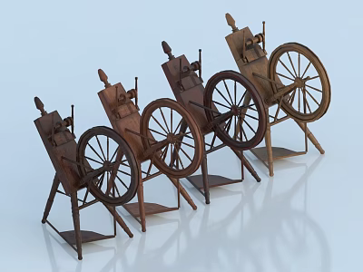 Vintage Industrial Equipment With Wooden Structure And Large Wheels Arranged In A Row 3d model