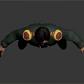 3D Character Model In Green Uniform With Yellow Buttons And Shoulder Badges Holding Brown Item