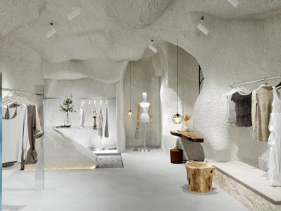 Modern Clothing Store Interior Featuring White Textured Walls Irregular Shapes Hanging Clothes and Mannequins 3d model