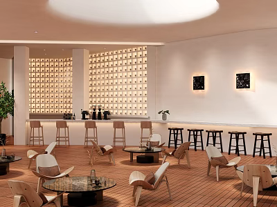 Modern Tea House Interior With Wooden Floors Bar Stools Round Tables And Green Plants 3d model