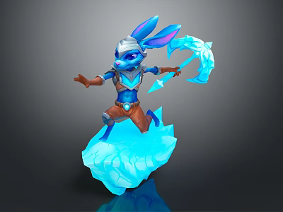 Blue Rabbit Game Character In Armor With Ice Magic And Crystal Platform 3d model