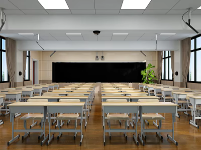 School Classroom With Neatly Arranged Desks And Chairs Front Blackboard Windows Ceiling Lights Green Plant 3d model
