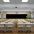 School Classroom With Neatly Arranged Desks And Chairs Front Blackboard Windows Ceiling Lights Green Plant