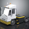 White Industrial Towing Truck with Yellow Black Stripes and Orange Warning Lights