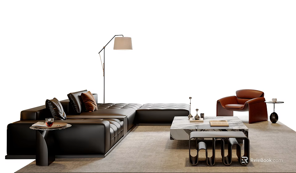 L-shaped Black Leather Sofa and Coffee Table Set with Throw Pillows Floor Lamp and Decorations 3d model 