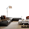 L-shaped Black Leather Sofa and Coffee Table Set with Throw Pillows Floor Lamp and Decorations