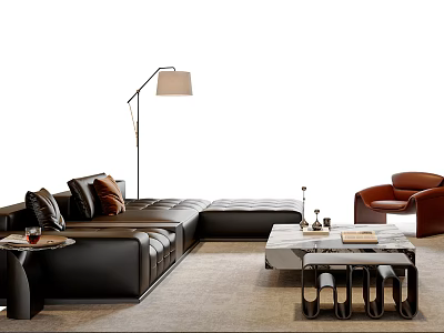 L-shaped Black Leather Sofa and Coffee Table Set with Throw Pillows Floor Lamp and Decorations 3d model