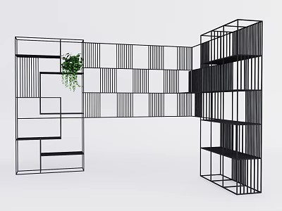 Modern Black and White Frame Bookshelf With Multiple Compartments And Green Plant 3d model