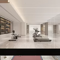 Modern Spacious Gym With Treadmill Rowing Machine And Wall Shelves 3d model