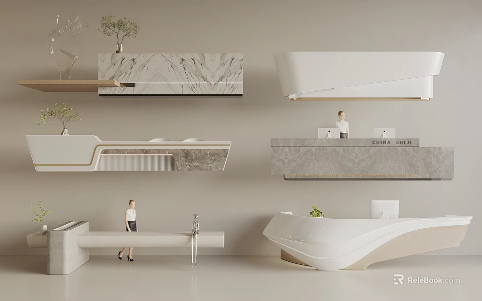 Modern Reception Desk Designs With Marble Tops Plants And Staff In Interior 3d model 