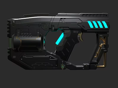 Futuristic Sci Fi Handgun Weapon With Black Body Blue Glowing Accents And Mechanical Design 3d model
