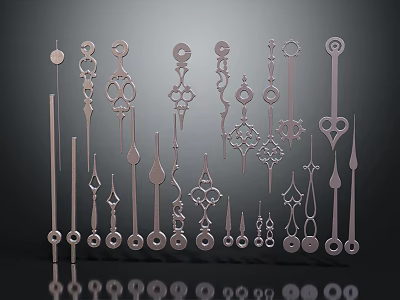 Various Design Clock Hands With Different Shapes And Decorative Elements On Dark Background With Reflections 3d model