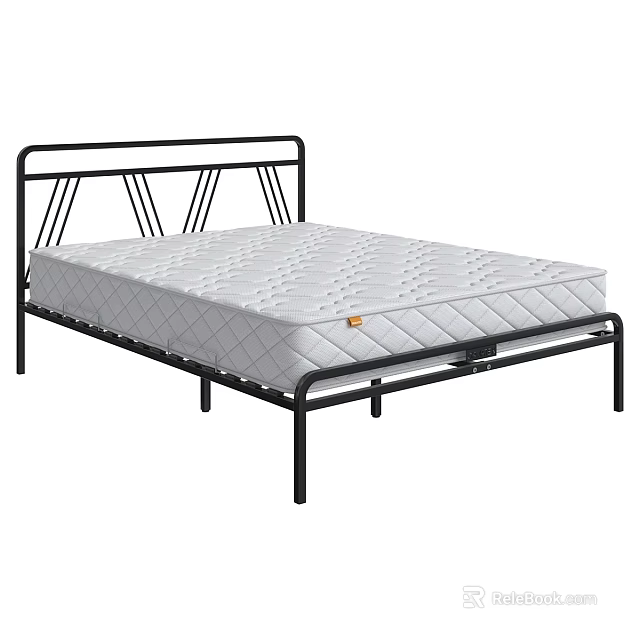 Double Bed with Black Metal Frame Simple Design and White Diamond Stitched Mattress 3d model 