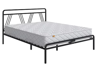 Double Bed with Black Metal Frame Simple Design and White Diamond Stitched Mattress 3d model
