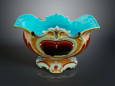 Decorative Carved Ceramic Sculpture With Turquoise Blue Top Brown Orange Patterns And Ornate White Base 3d model