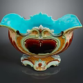 Decorative Carved Ceramic Sculpture With Turquoise Blue Top Brown Orange Patterns And Ornate White Base
