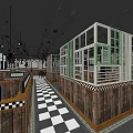 Classic Restaurant Interior With Checkerboard Floor Wooden Walls Arched Windows Black Tables Brown Chairs Chandeliers