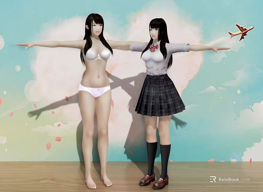 Two Women in White Lingerie and School Skirt with Cherry Blossoms Blue Sky Red Airplane 3d model 
