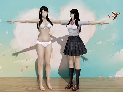 Two Women in White Lingerie and School Skirt with Cherry Blossoms Blue Sky Red Airplane 3d model